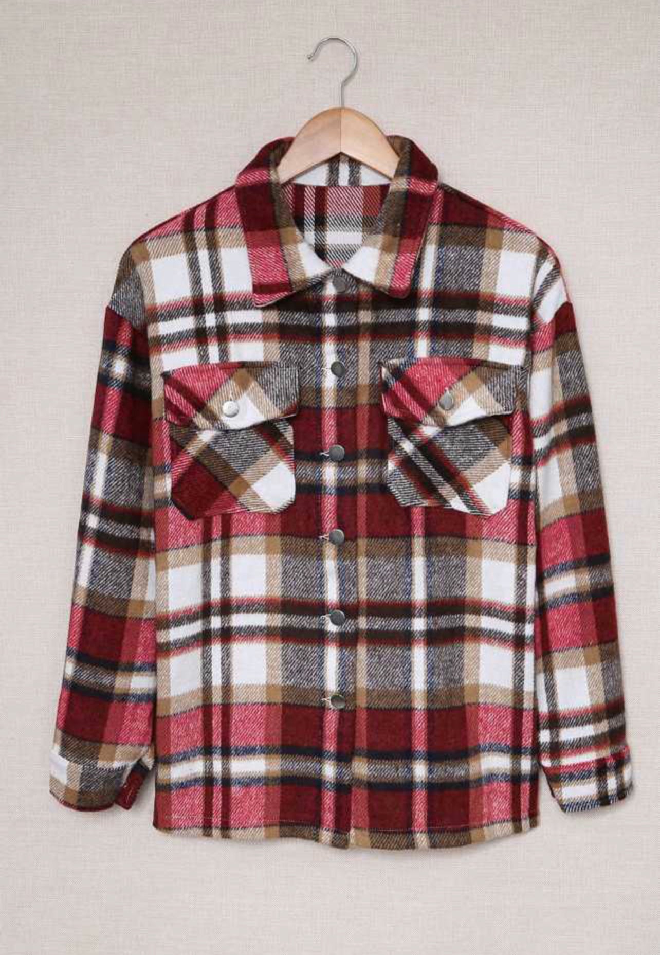 Red Geometric Plaid Print Pocketed Shacket