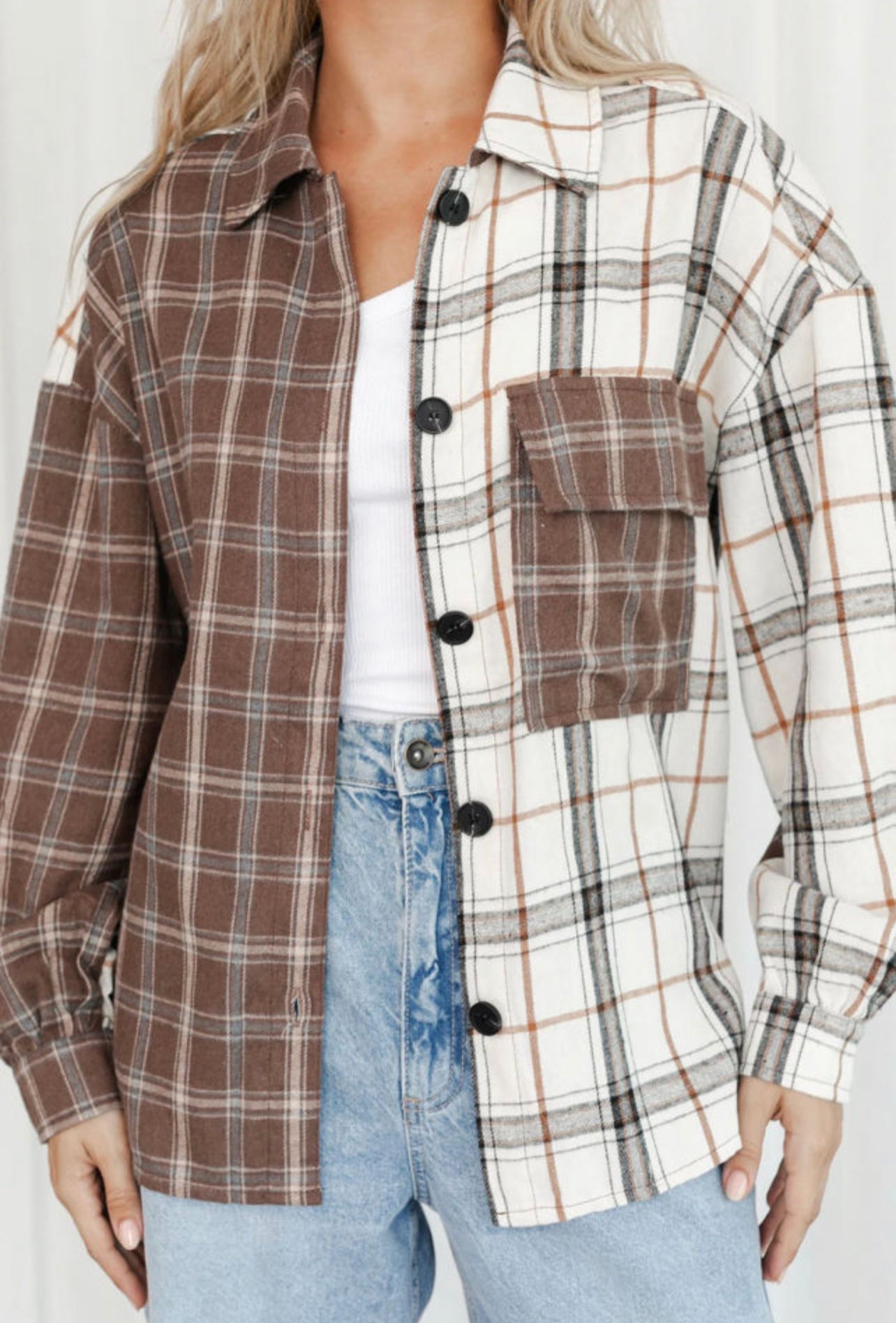 Brown Mixed Plaid Soft Oversized Shirt