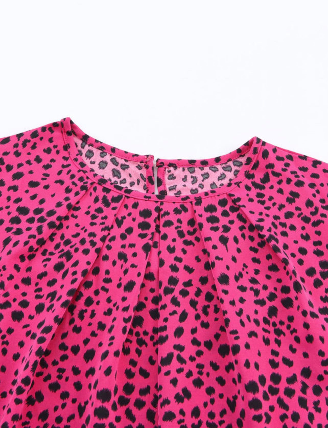 Rose Leopard Print Pleated Blouse with Keyhole