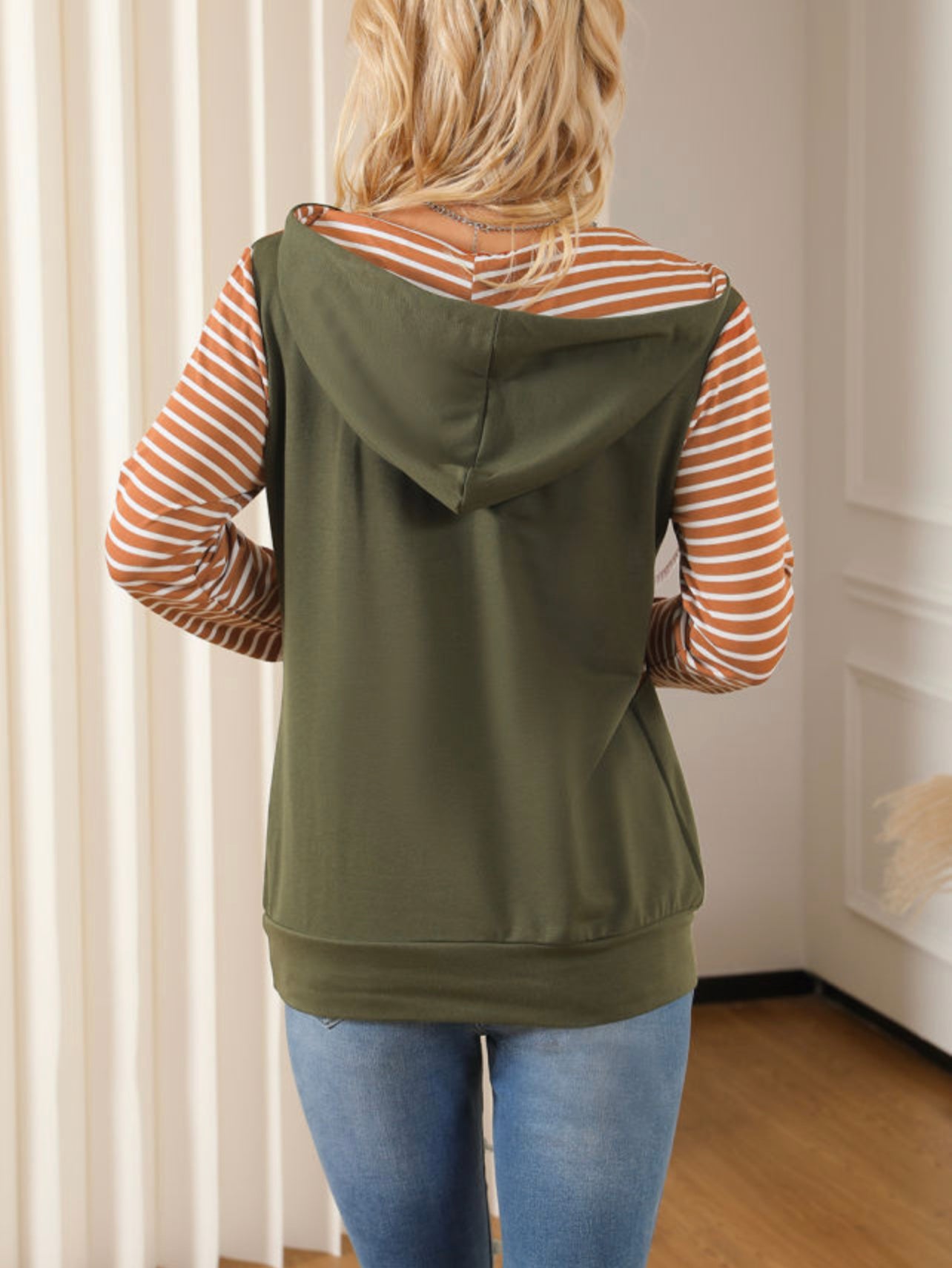 Orange Striped Color Block Patchwork Thumbhole Sleeve Hoodie