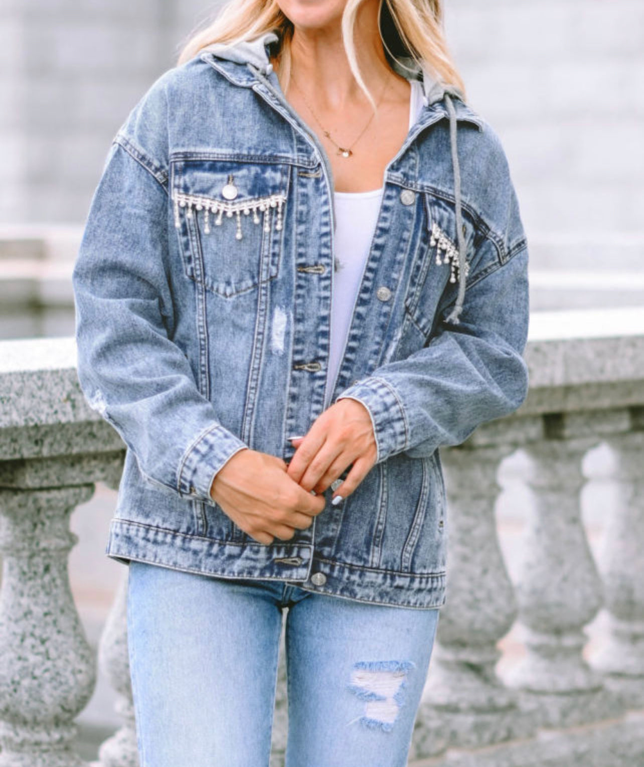 Sky Blue Rhinestone Fringed Pocket
Buttoned Hooded Denim Jacket