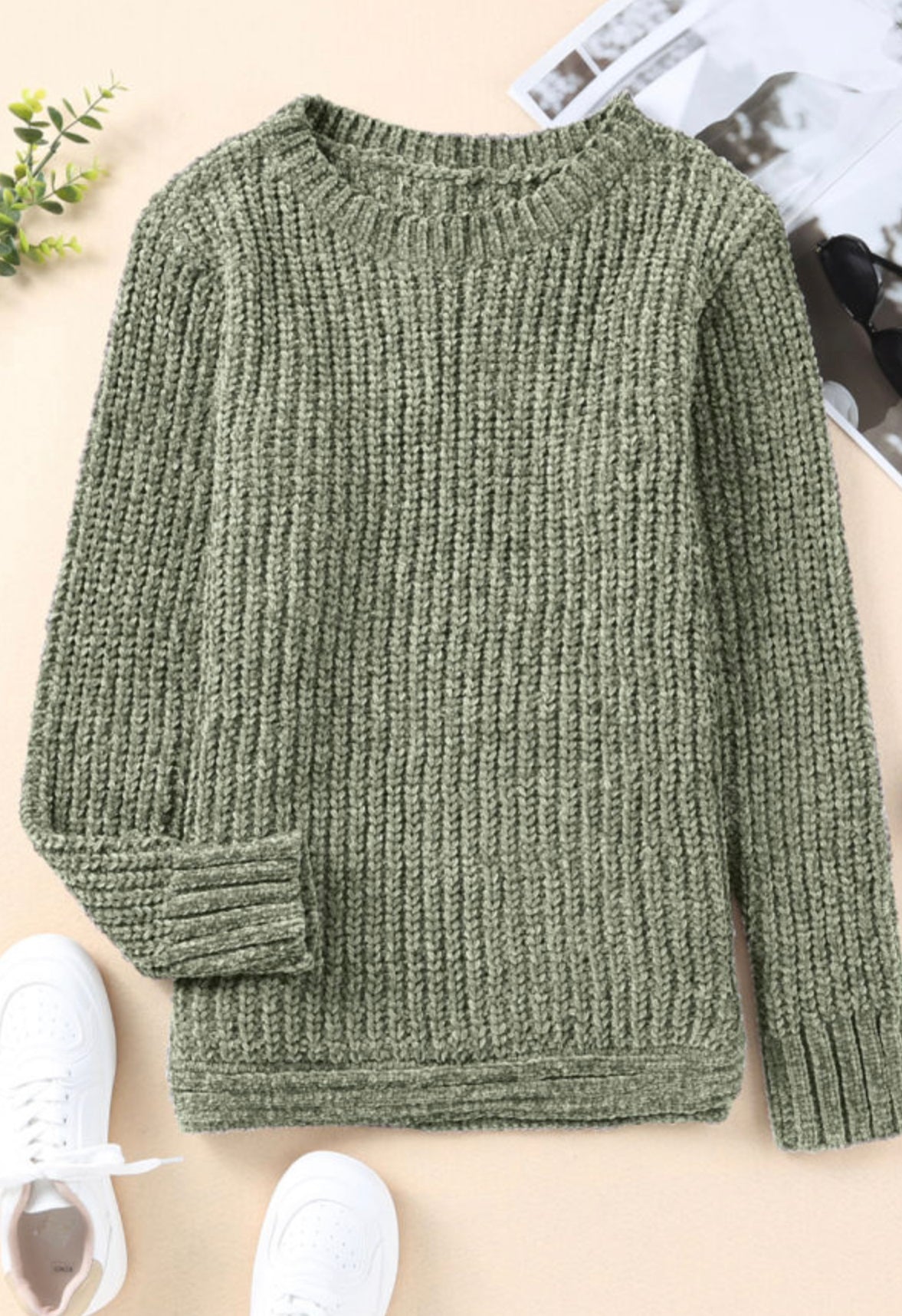 Green Long Sleeve Round Hem Cable Knit