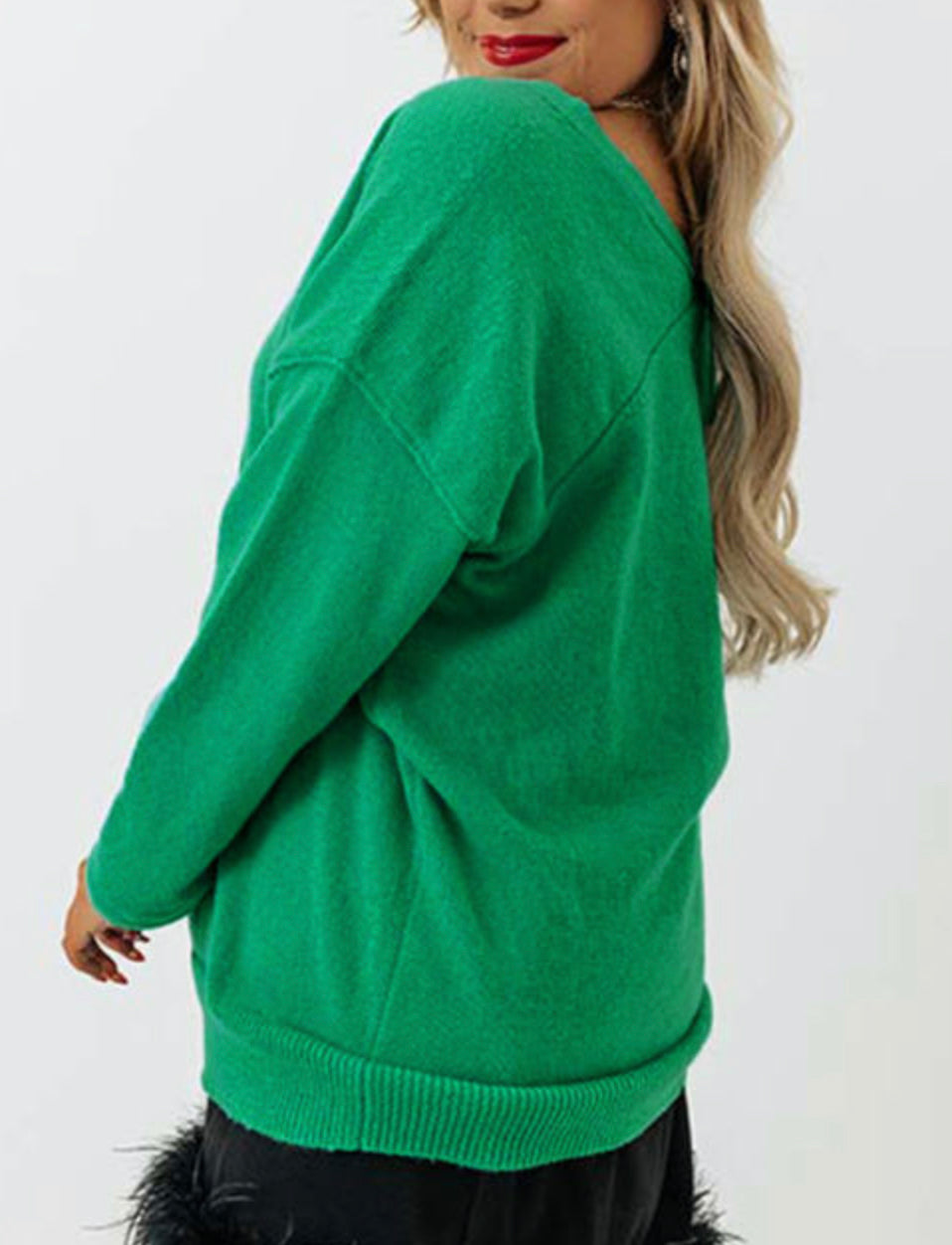 Curvy Green Drop Shoulder V Neck Sweater