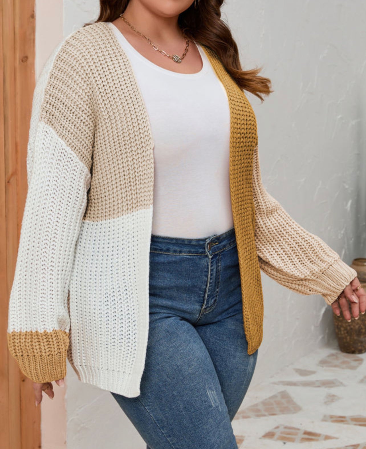 Curvy Color Block Knitted Open Front Cardigan