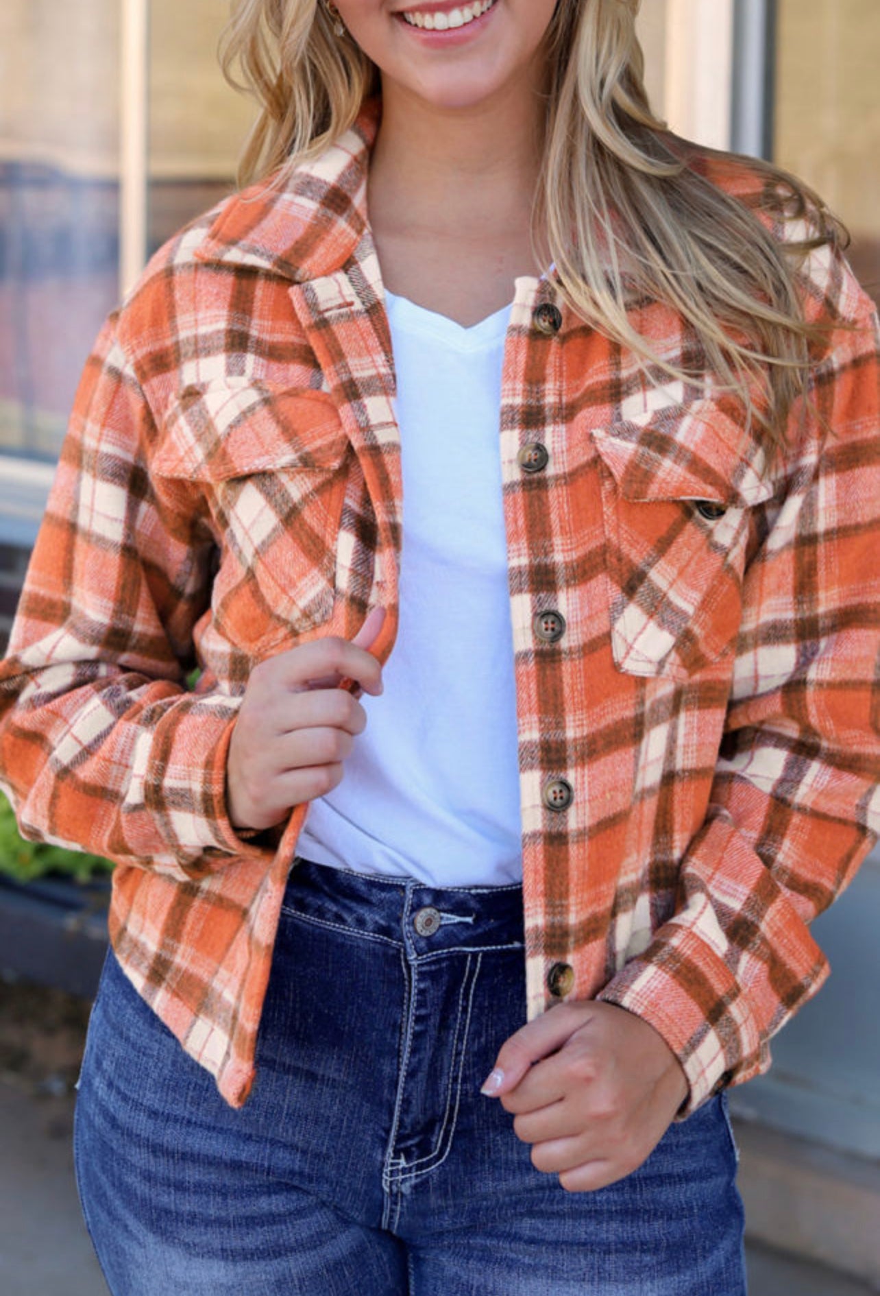 Crop Orange Plaid Button-Up Flap Pocket shacket