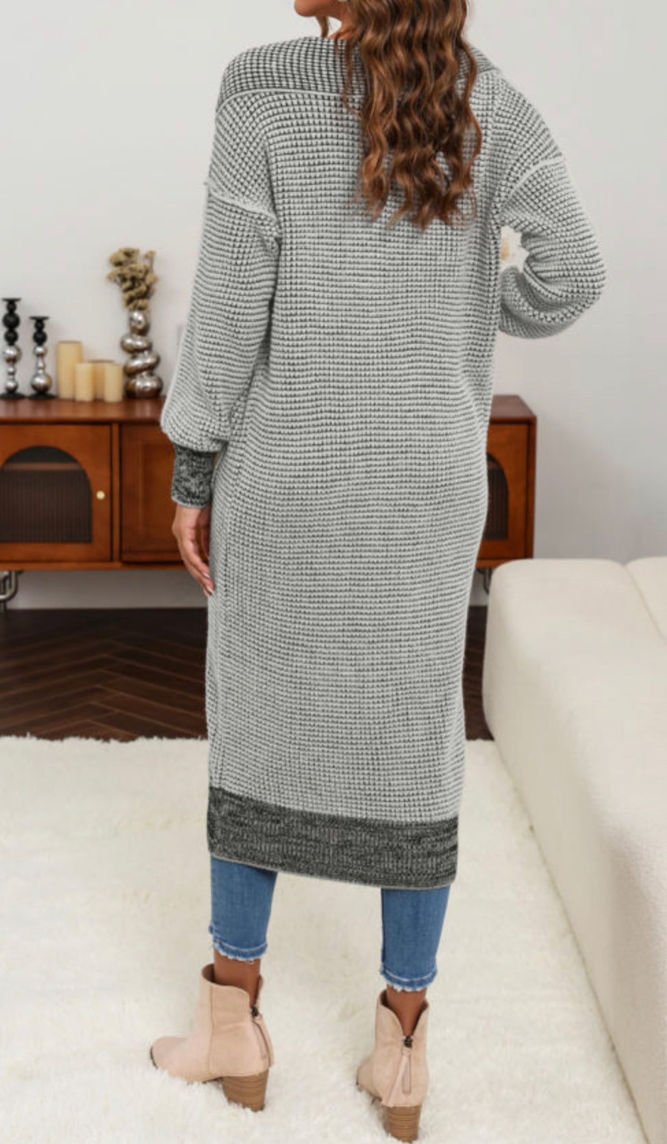 Gray Textured Knit Pocketed Duster