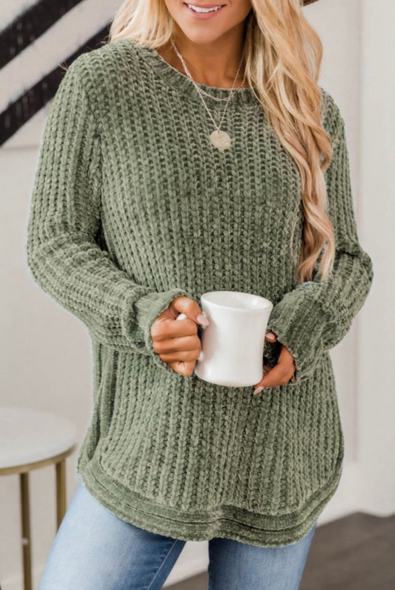 Green Long Sleeve Round Hem Cable Knit