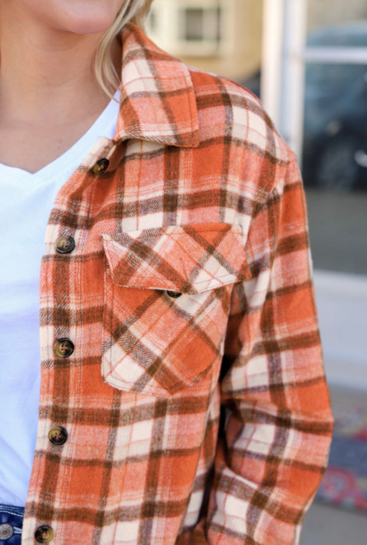 Crop Orange Plaid Button-Up Flap Pocket shacket