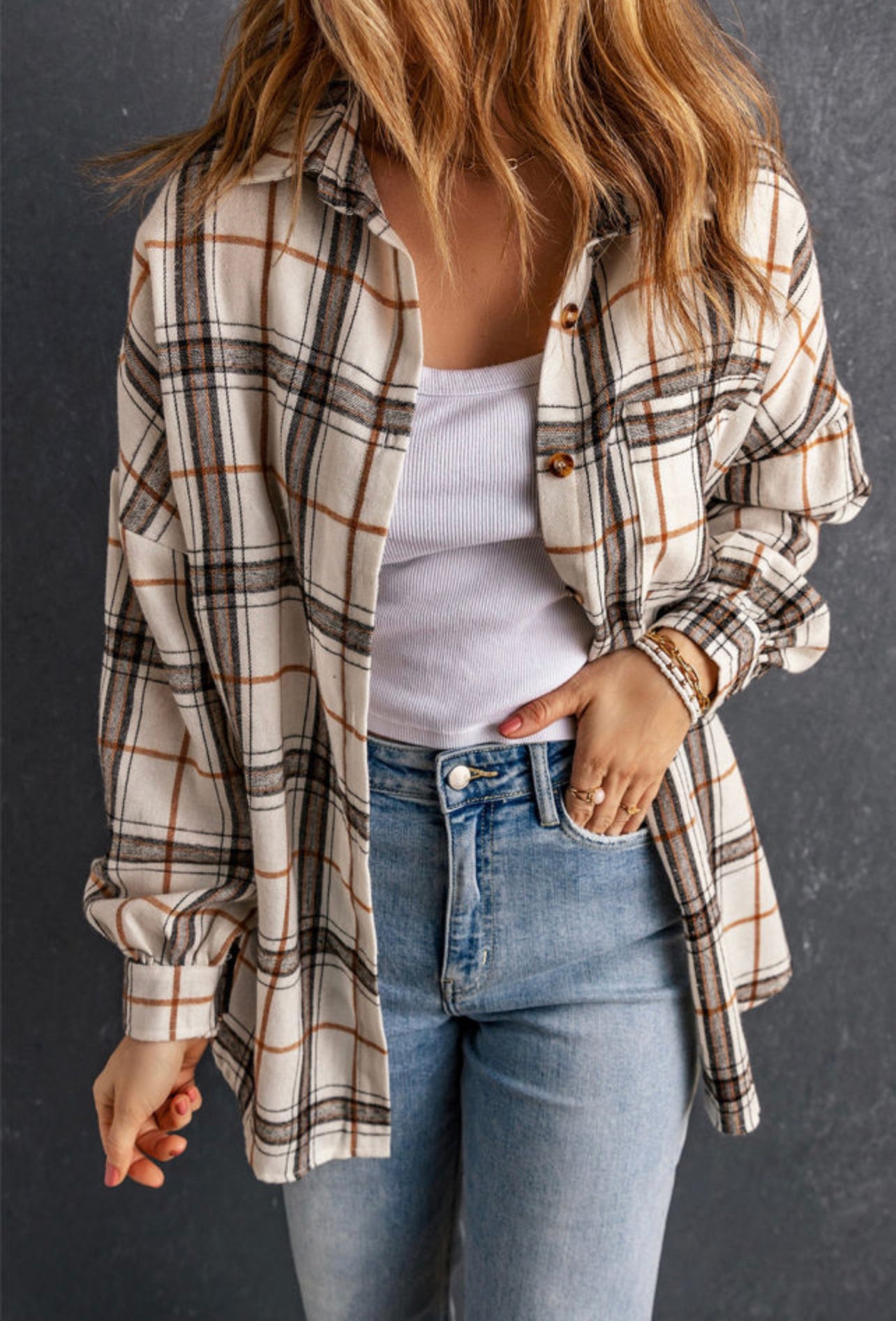 White Oversized Plaid Pattern Shacket with Slits