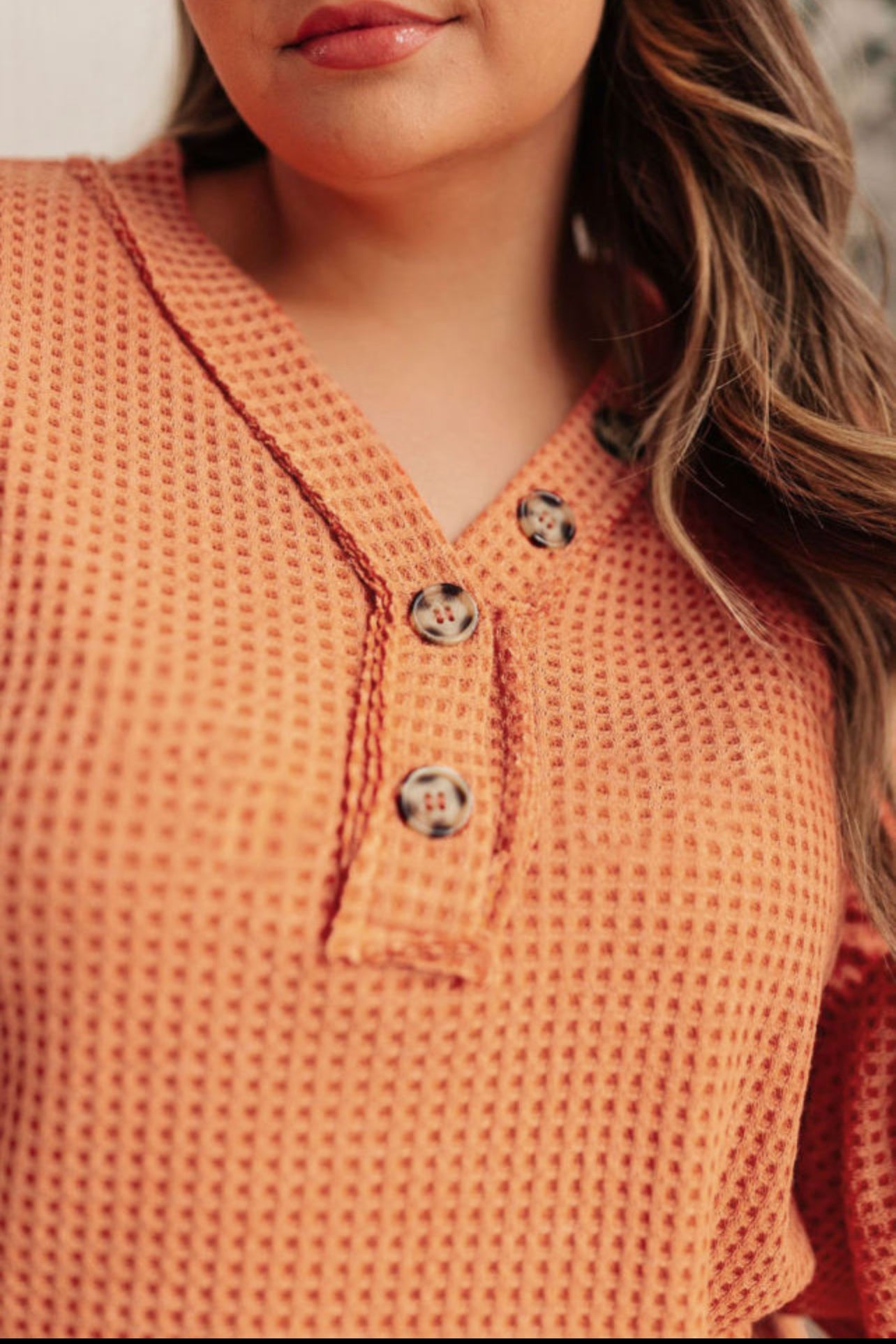 Orange Buttoned V Neck Waffle Knit Plus Size