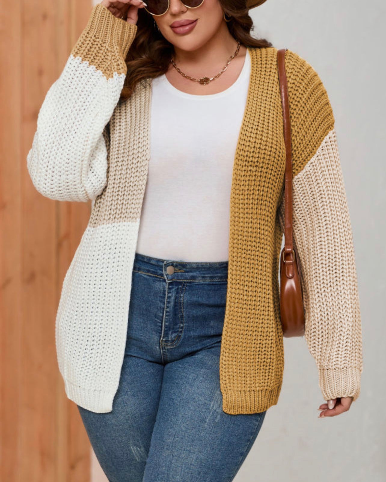 Curvy Color Block Knitted Open Front Cardigan