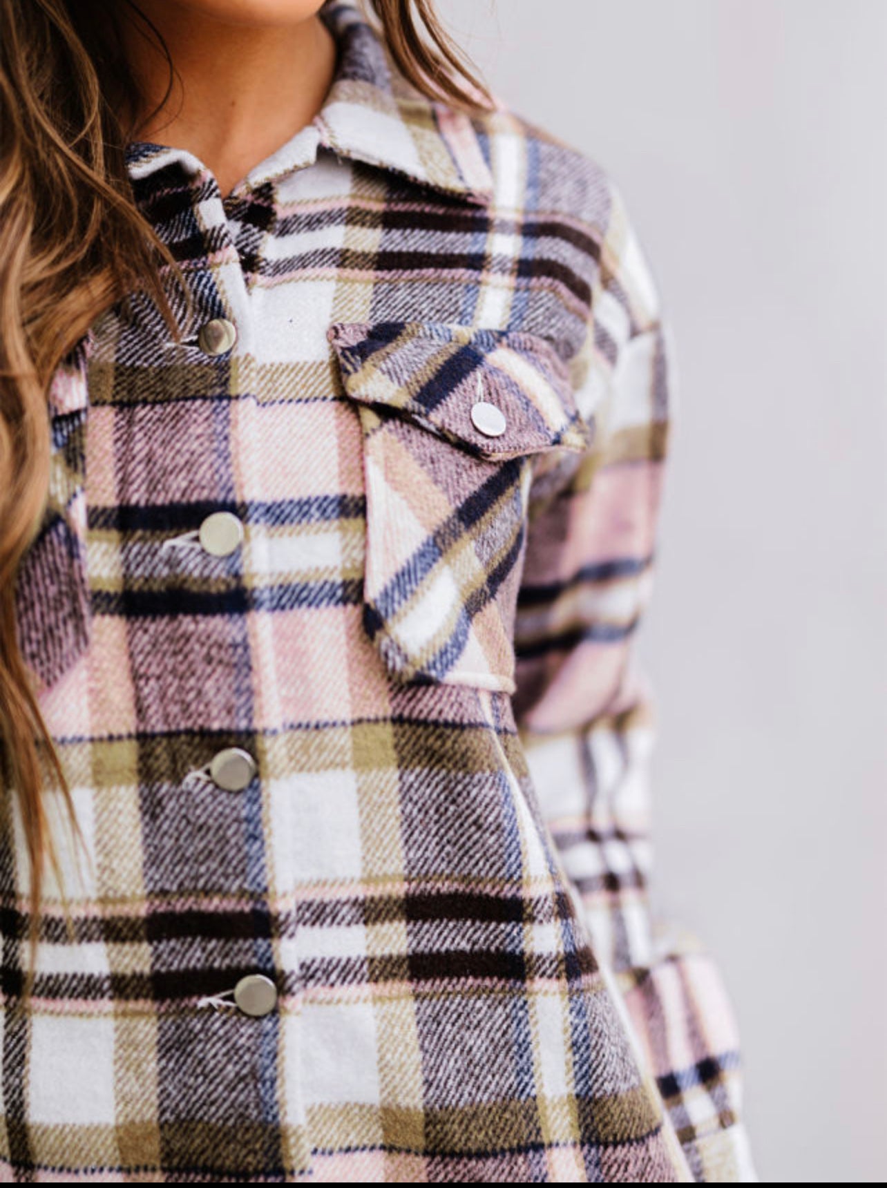 Pink Geometric Plaid Print Pocketed Shacket