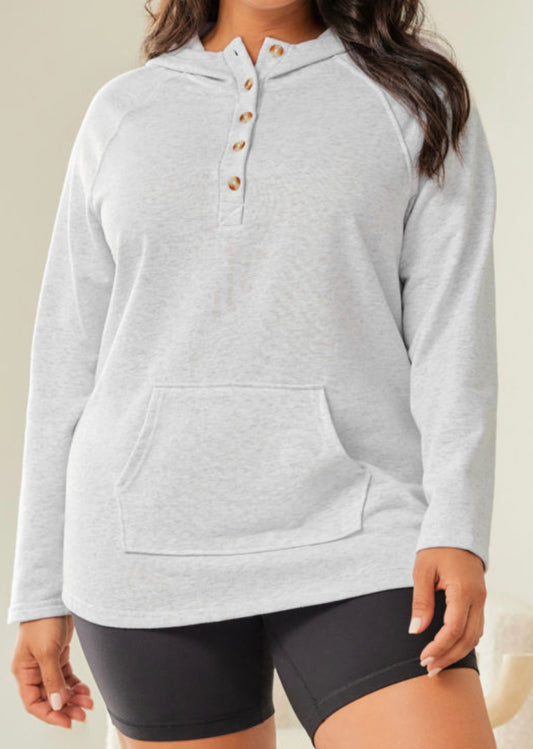 Curvy Gray Kangaroo Pocket Henley Button Hoodie