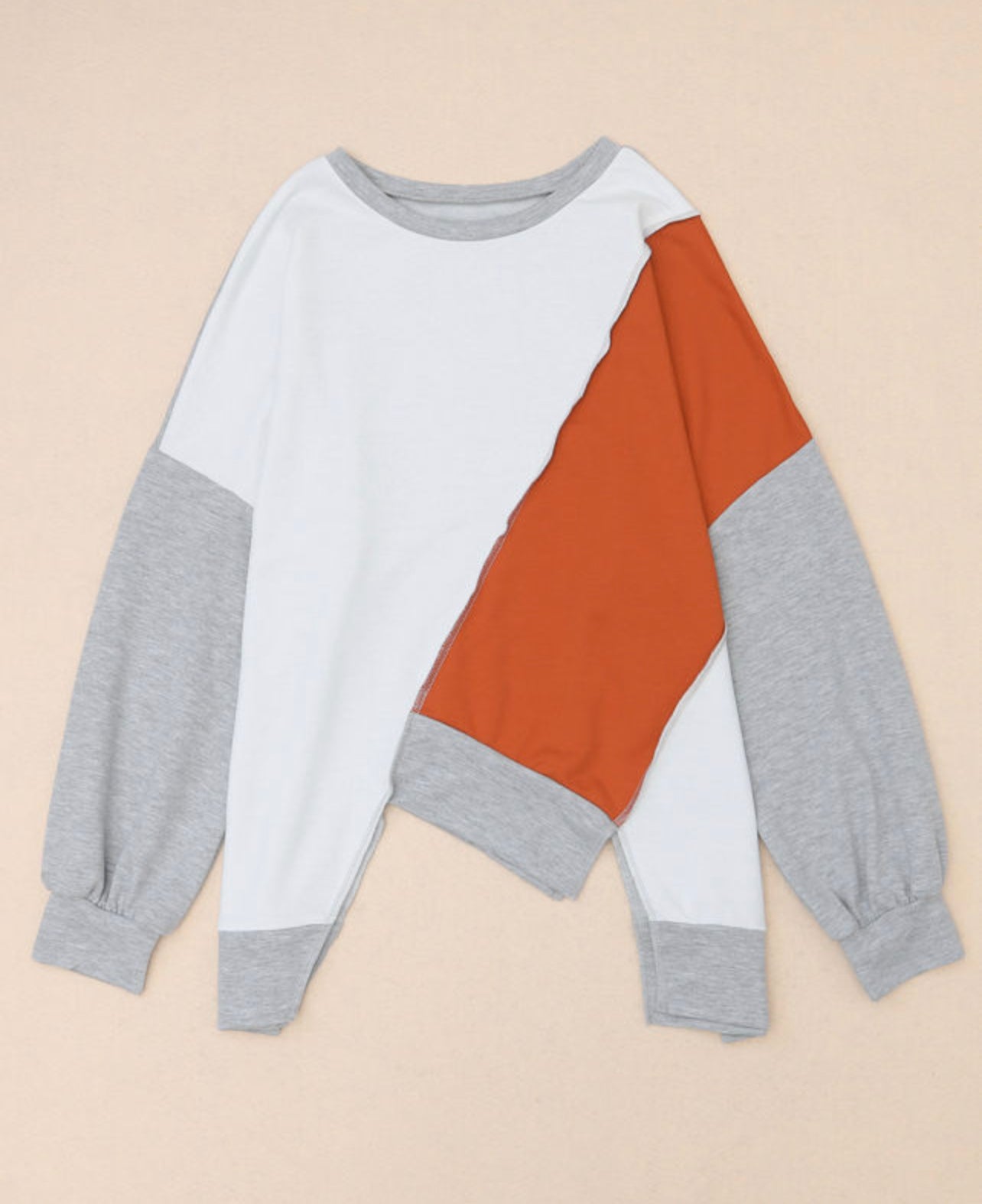 orange/white Colorblock Stitching Irregular Hem Long Sleeve Top