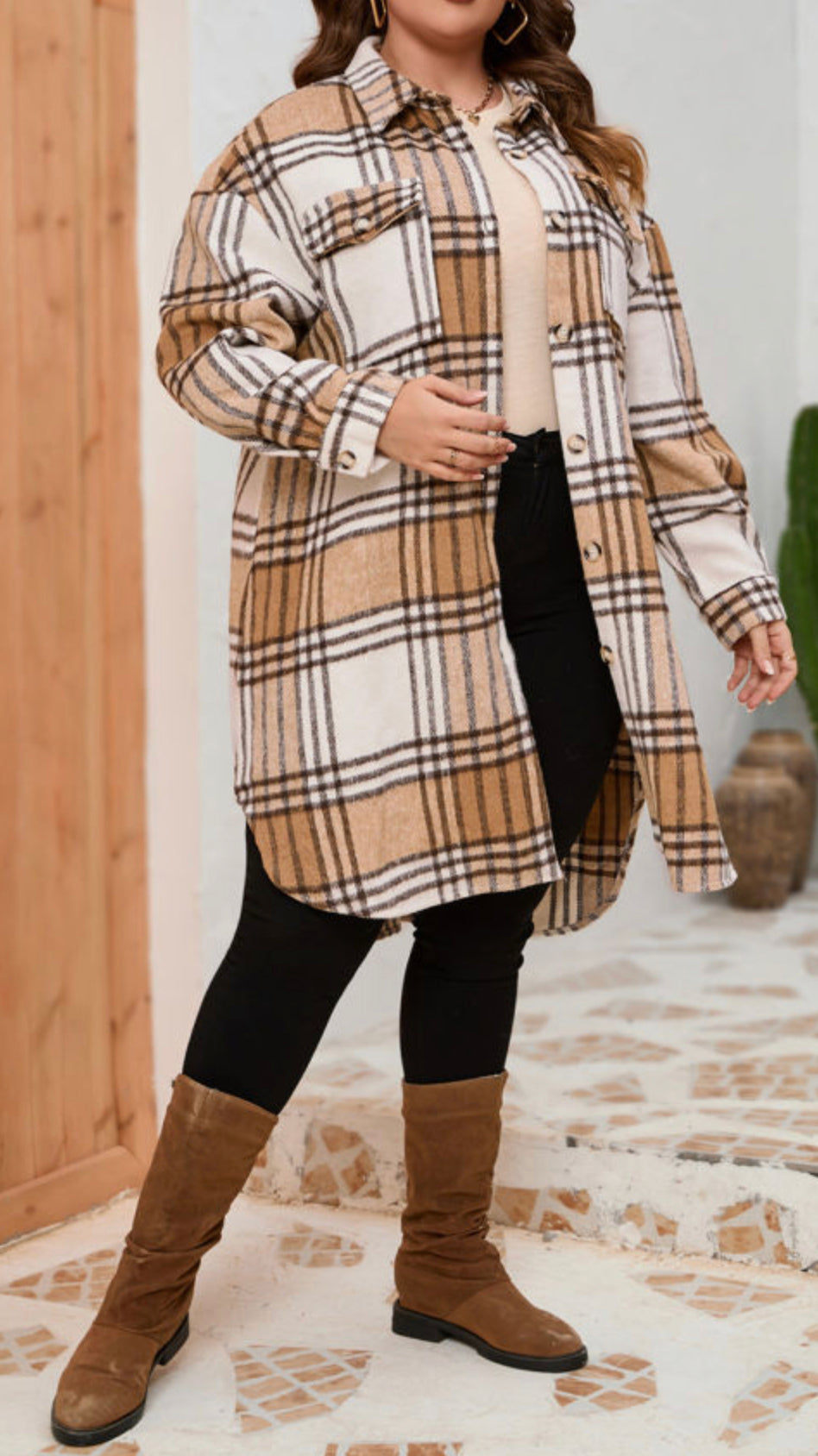 Curvy Khaki Plaid Chest Pockets Long Shacket