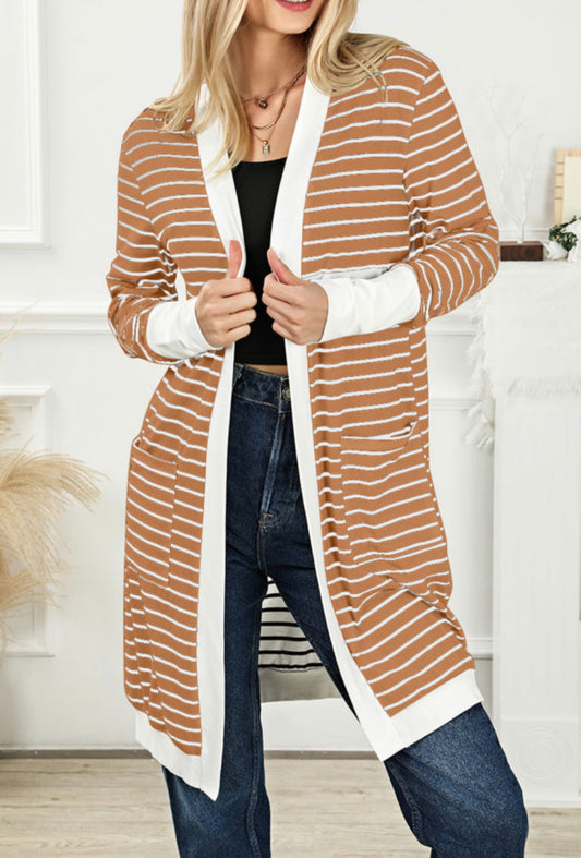 Brown Striped Side Pockets Open Front Cardigan