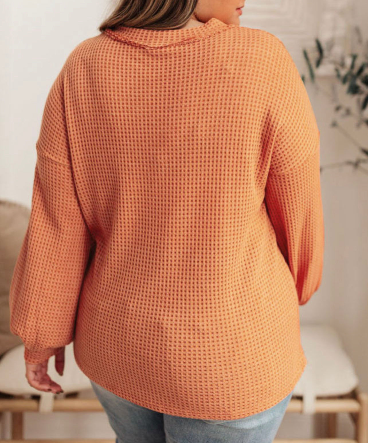 Orange Buttoned V Neck Waffle Knit Plus Size