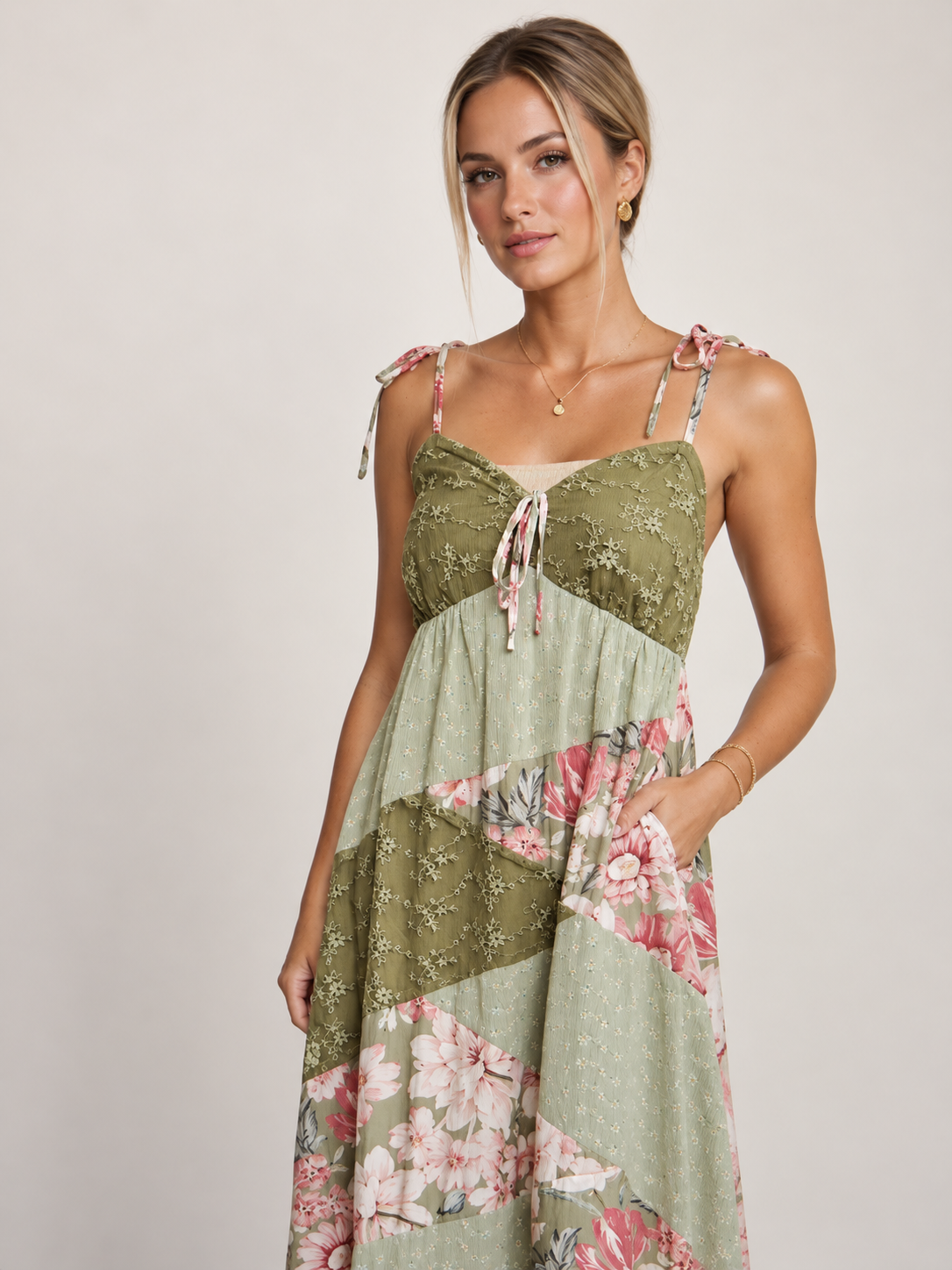 Floral & Lace Patchwork Tie Strap Maxi Dress