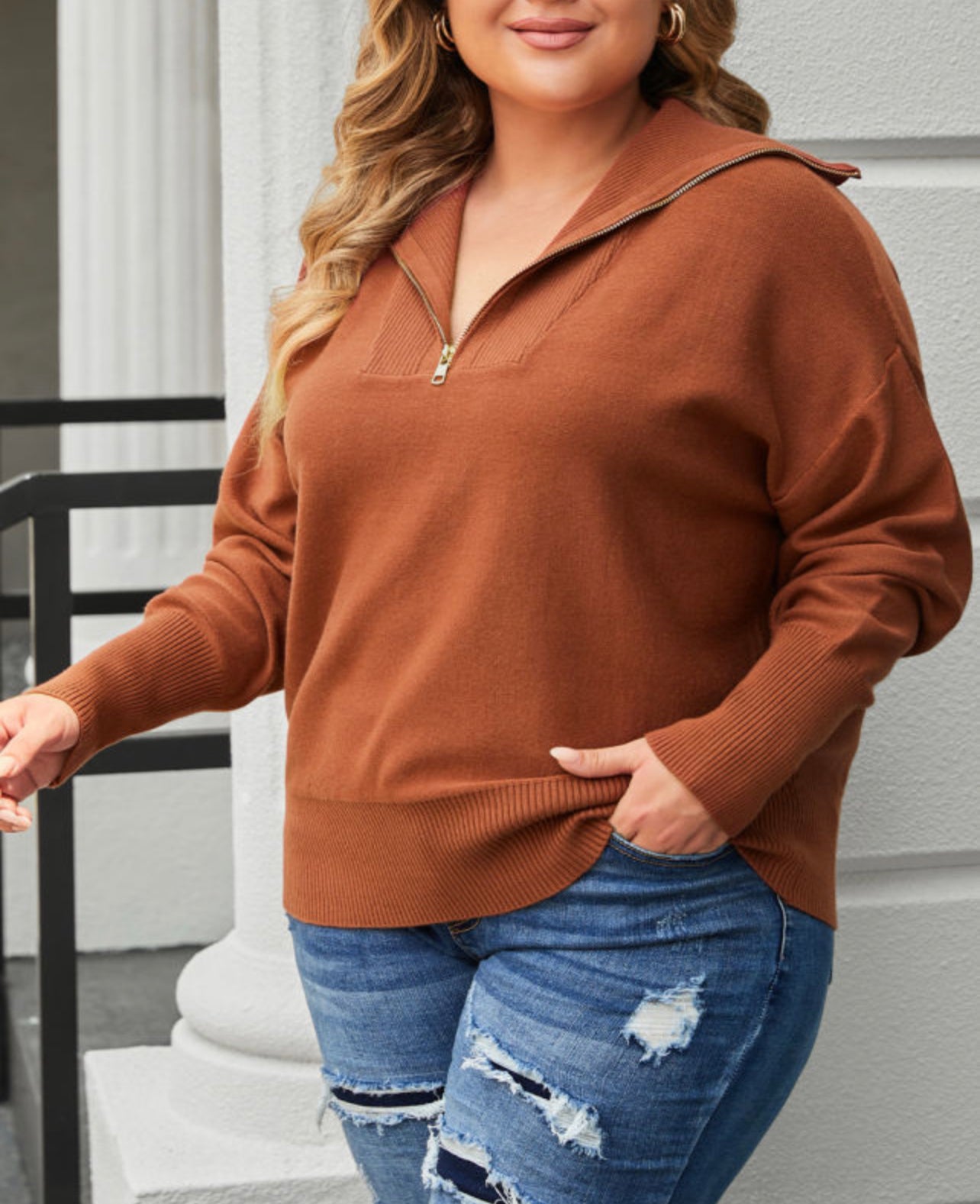 Curvy Brown Solid Ribbed Trim Zip Collar