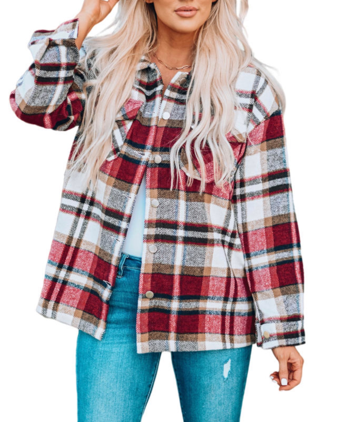 Red Geometric Plaid Print Pocketed Shacket