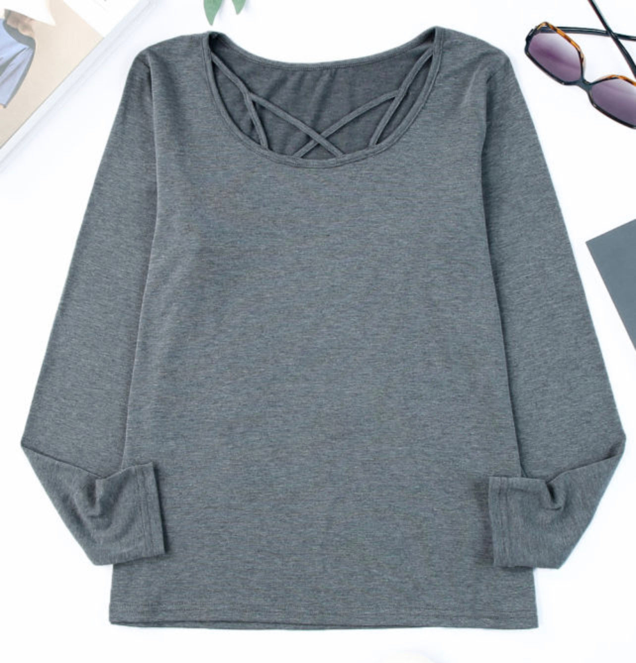 Gray Strappy Neck Detail Long Sleeve Top