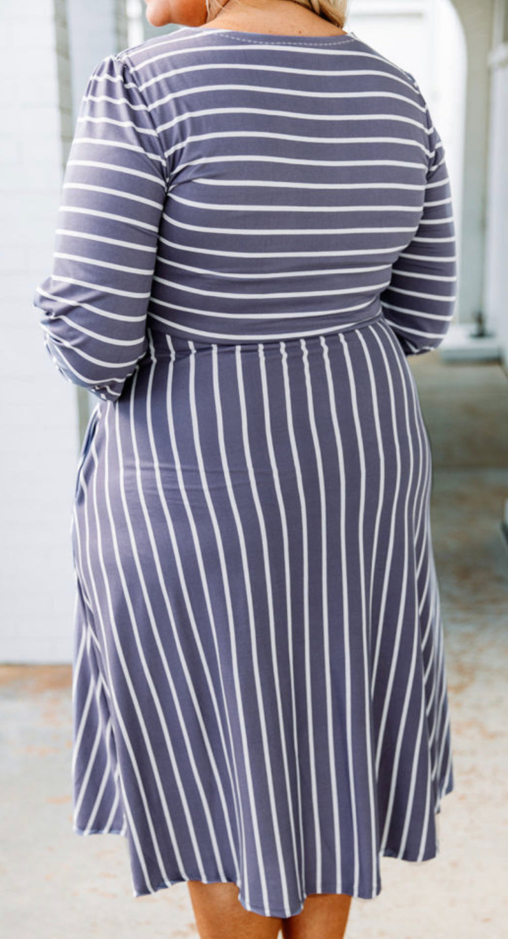 Curvy Gray Striped Tie Waist 3/4 Sleeve