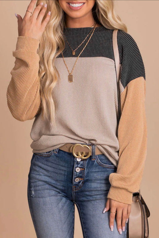 Textured Black Color Block Long Sleeve Ribbed Loose Top