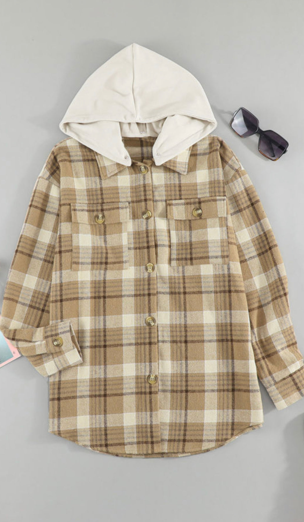 Khaki Plaid Shirt Hooded Jacket