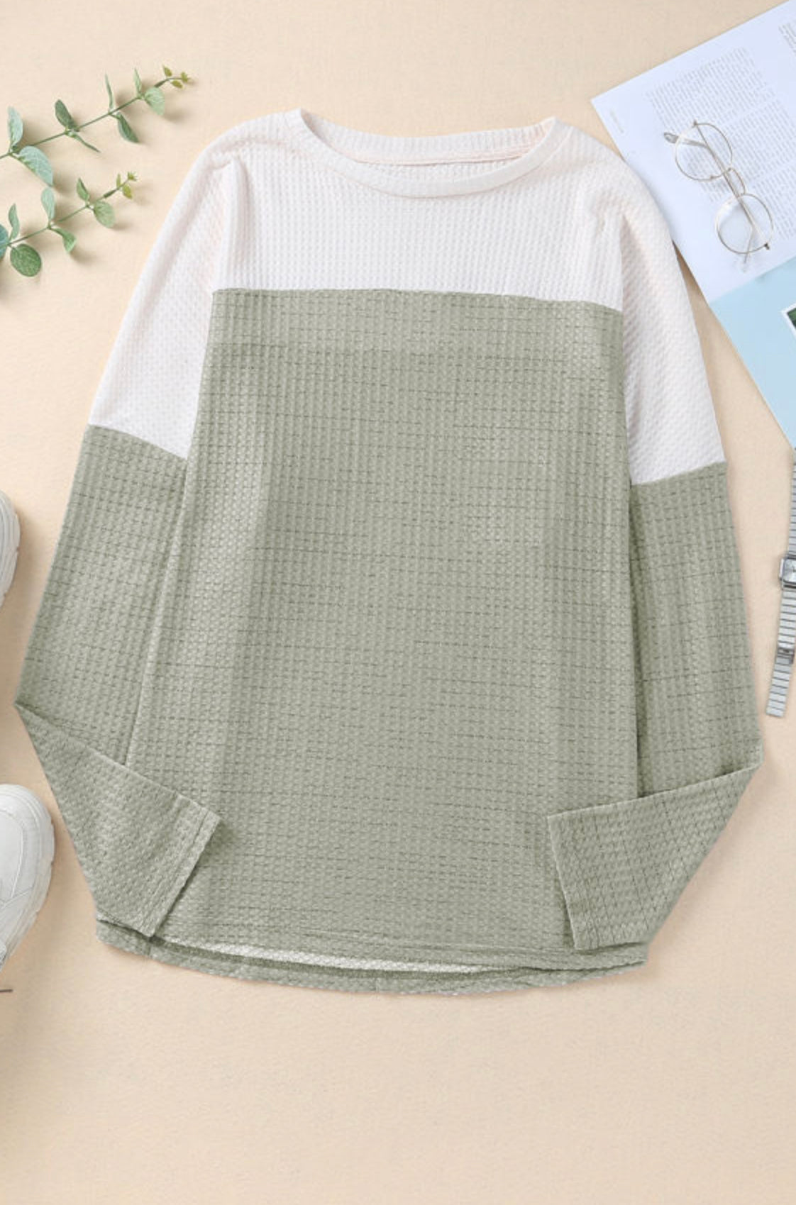 Curvy Green Colorblock Knit Long Sleeve Top