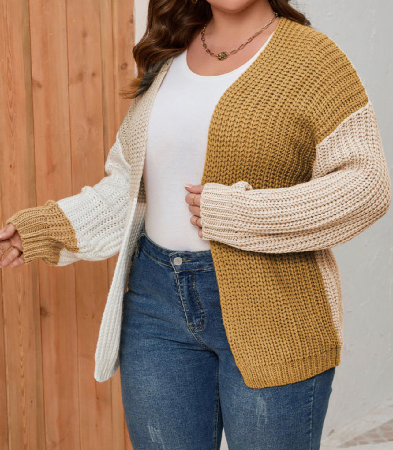 Curvy Color Block Knitted Open Front Cardigan