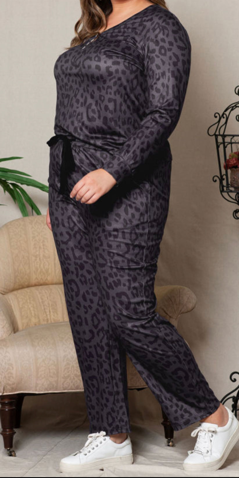 Curvy Black Leopard Long Sleeve Henley Top Pajamas Set