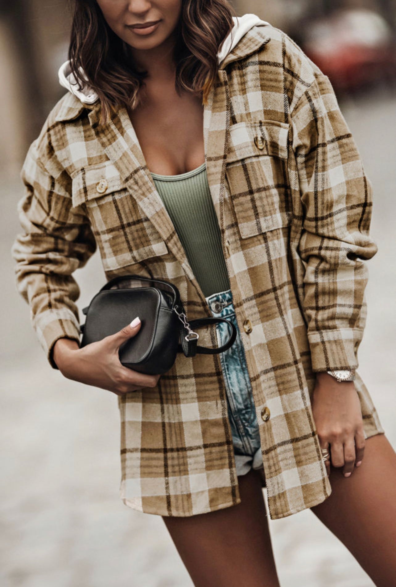 Khaki Plaid Shirt Hooded Jacket