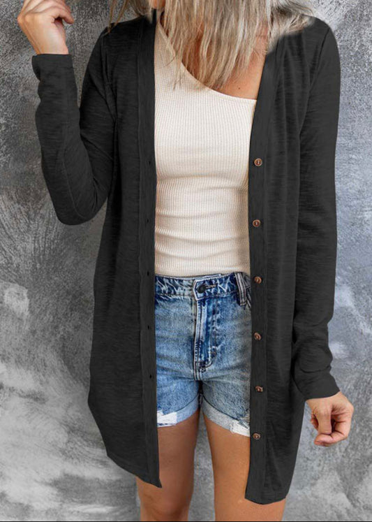 Solid Color Open-Front Buttons Cardigan