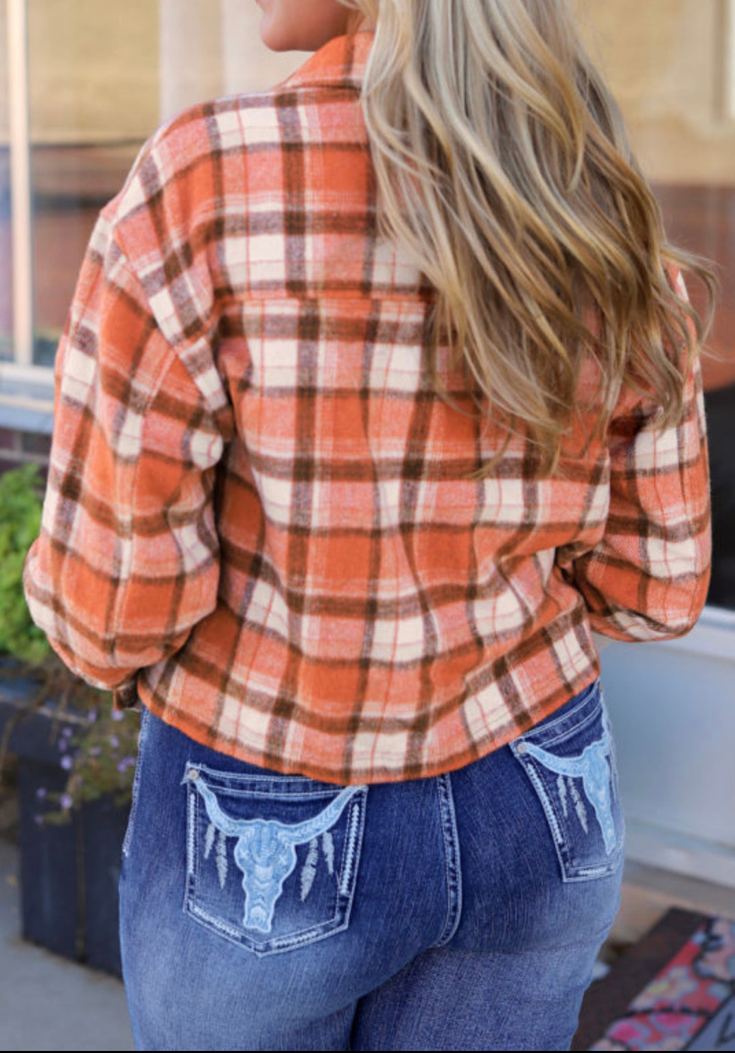 Crop Orange Plaid Button-Up Flap Pocket shacket