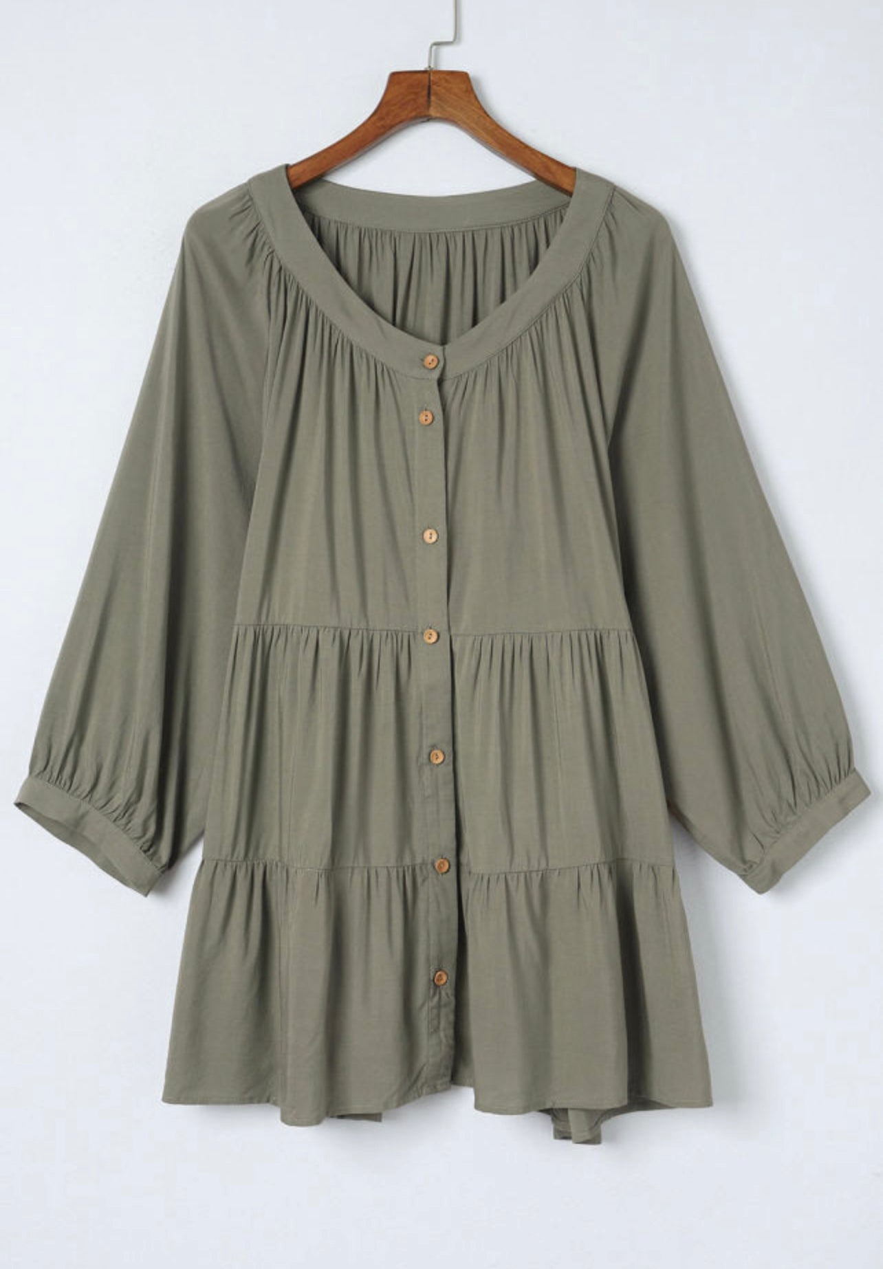 Curvy Green Ruffle Tiered Split Neck Shirt