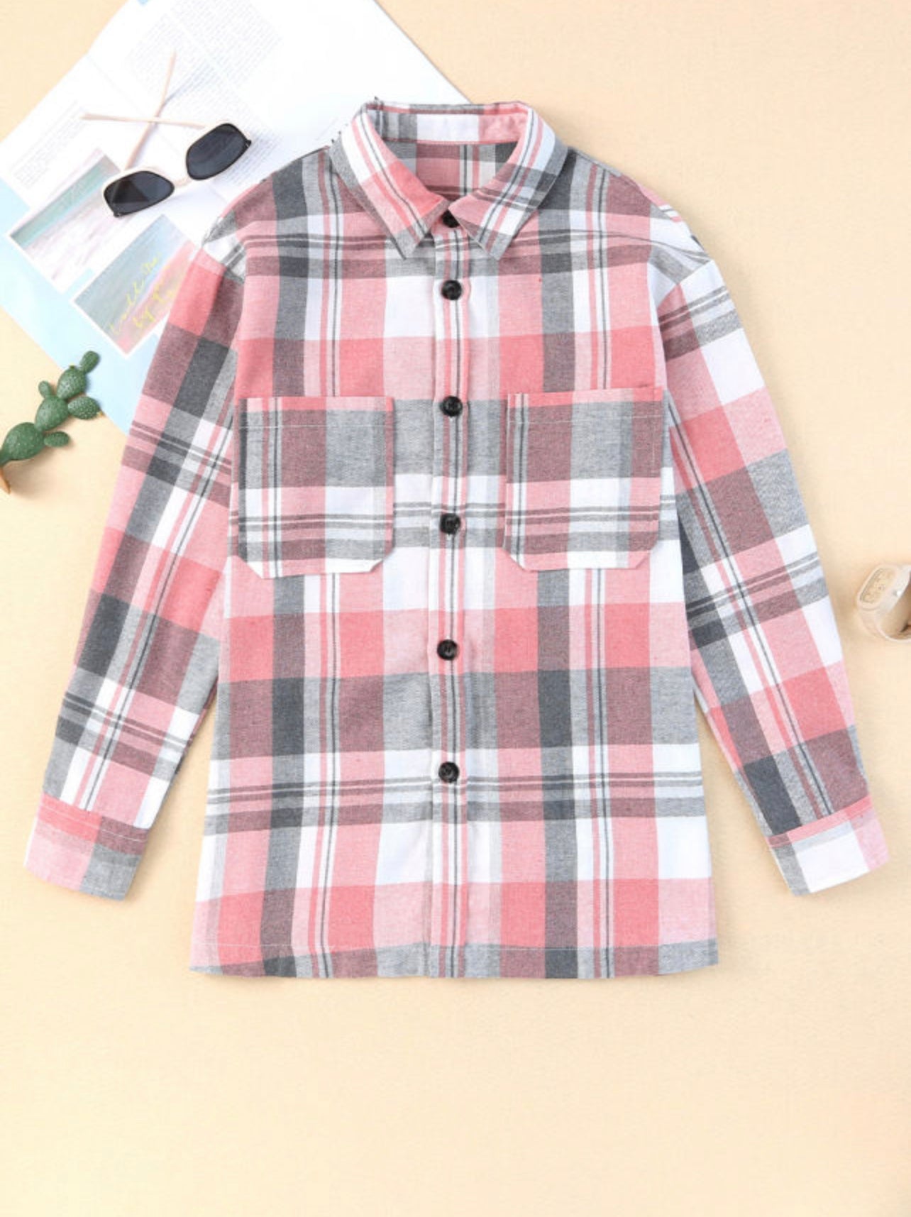 Pink Plaid Button Up Patch Pocket Shirt