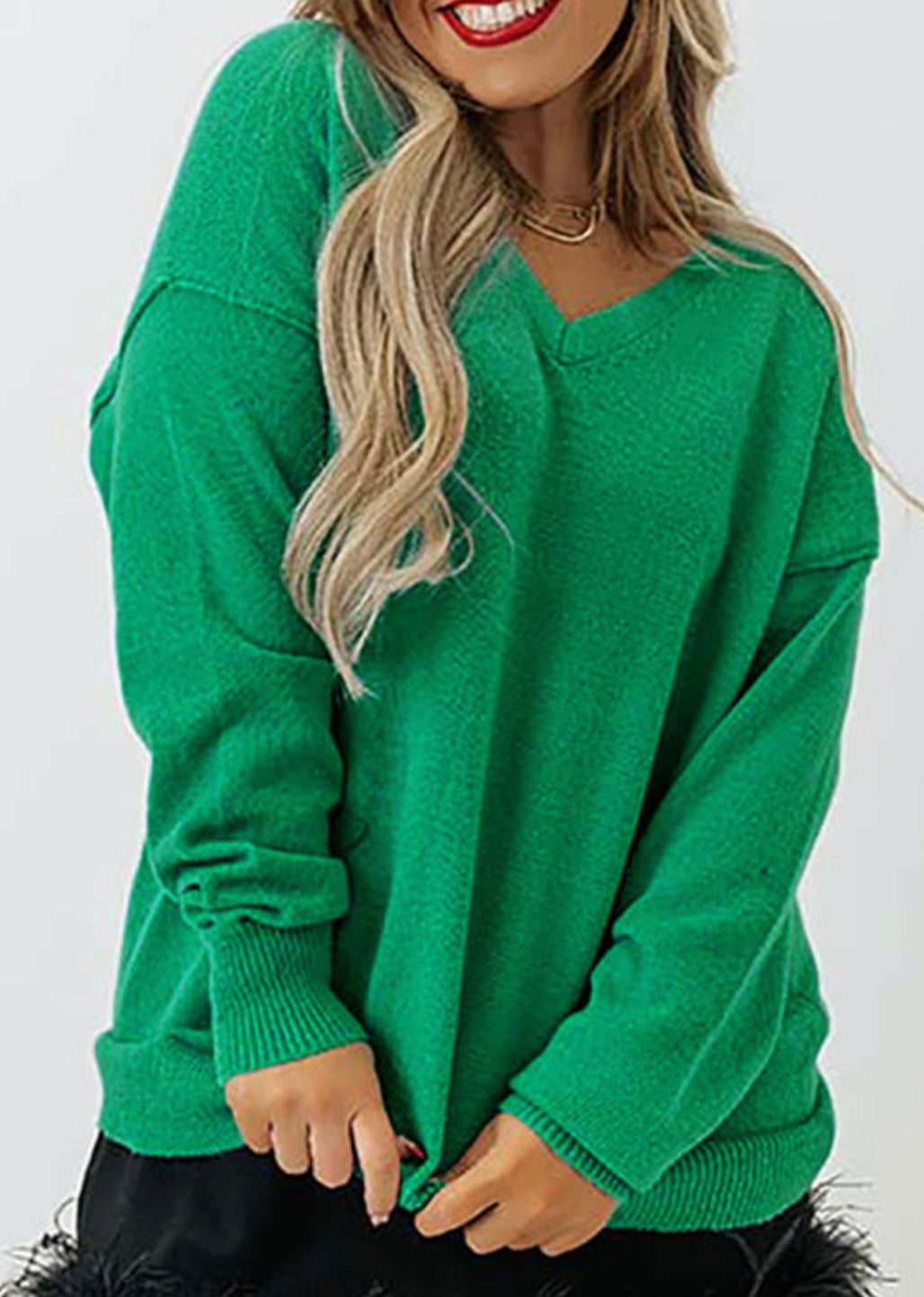 Curvy Green Drop Shoulder V Neck Sweater