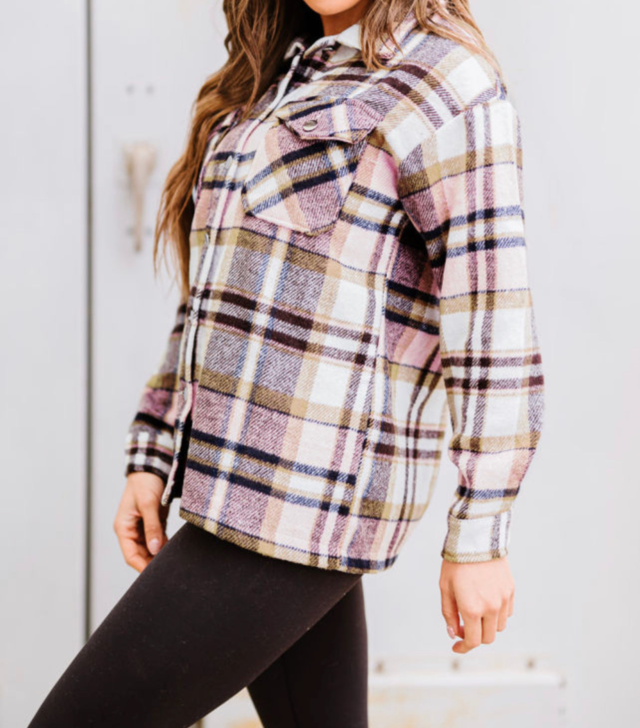 Pink Geometric Plaid Print Pocketed Shacket