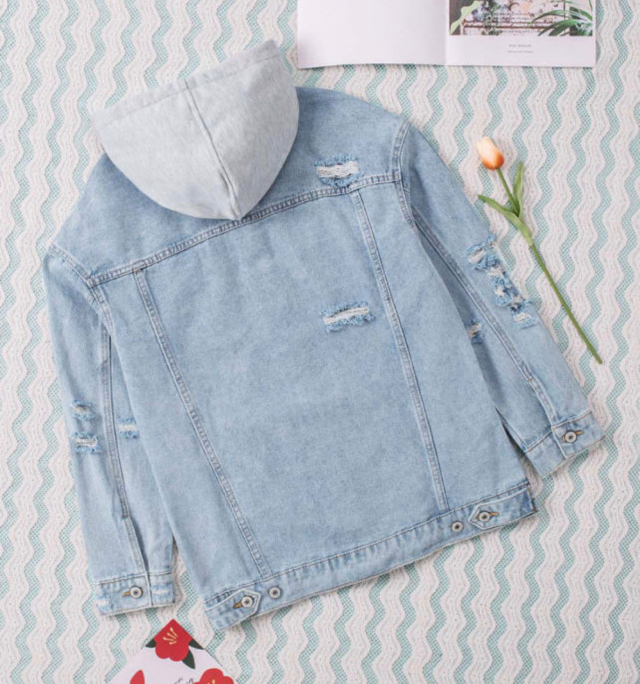 Sky Blue Button Closure Ripped Hooded Denim
Jacket