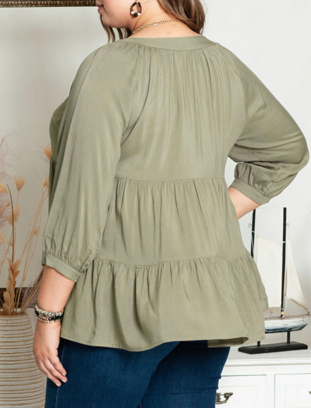 Curvy Green Ruffle Tiered Split Neck Shirt