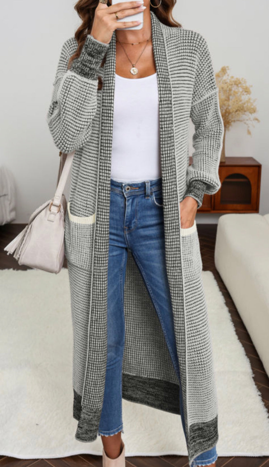 Gray Textured Knit Pocketed Duster