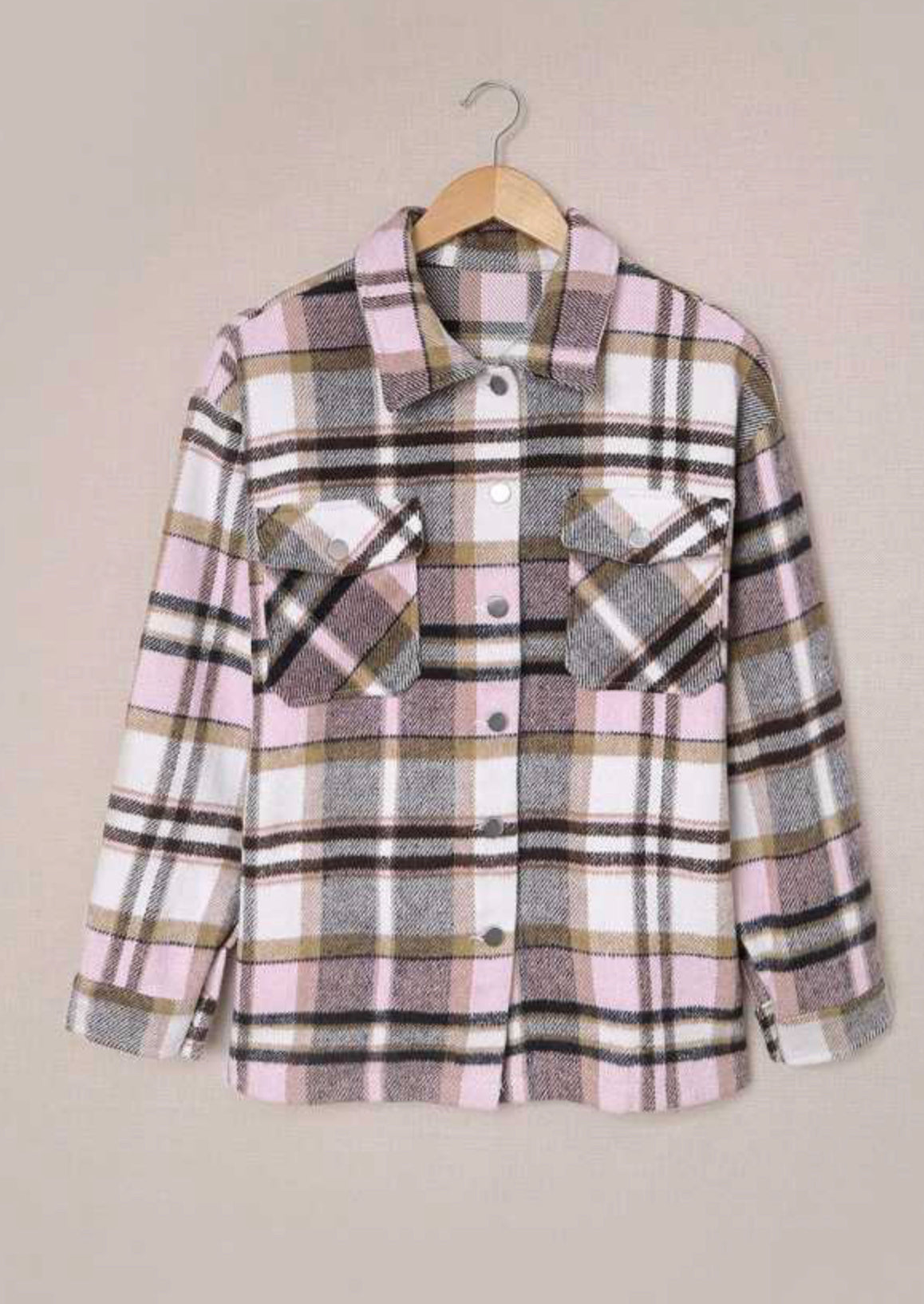 Pink Geometric Plaid Print Pocketed Shacket