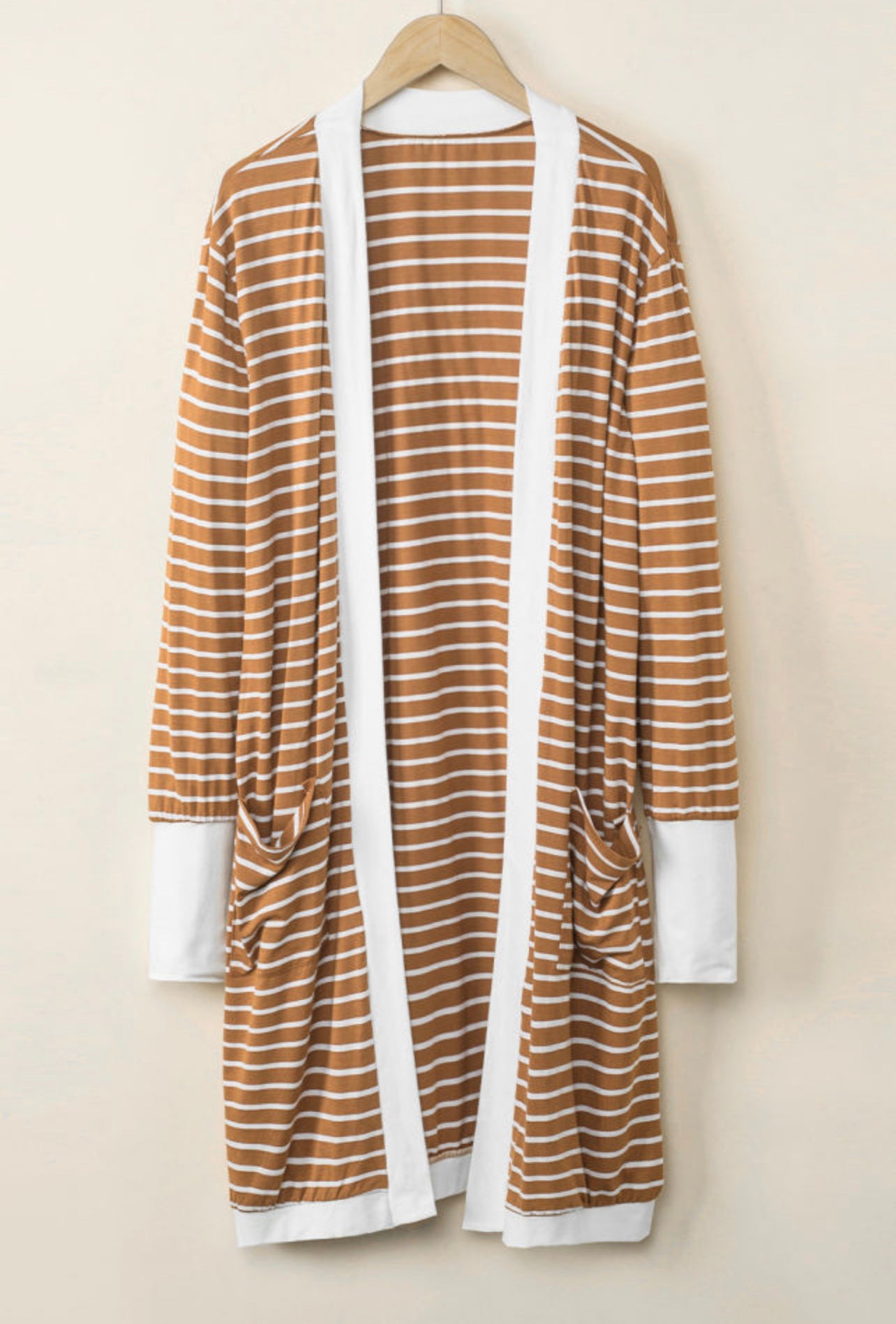 Brown Striped Side Pockets Open Front Cardigan