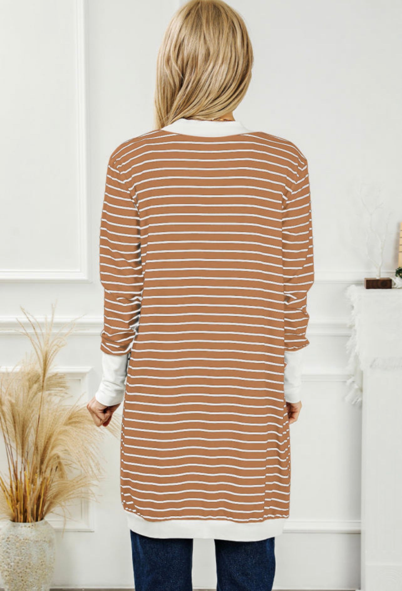 Brown Striped Side Pockets Open Front Cardigan