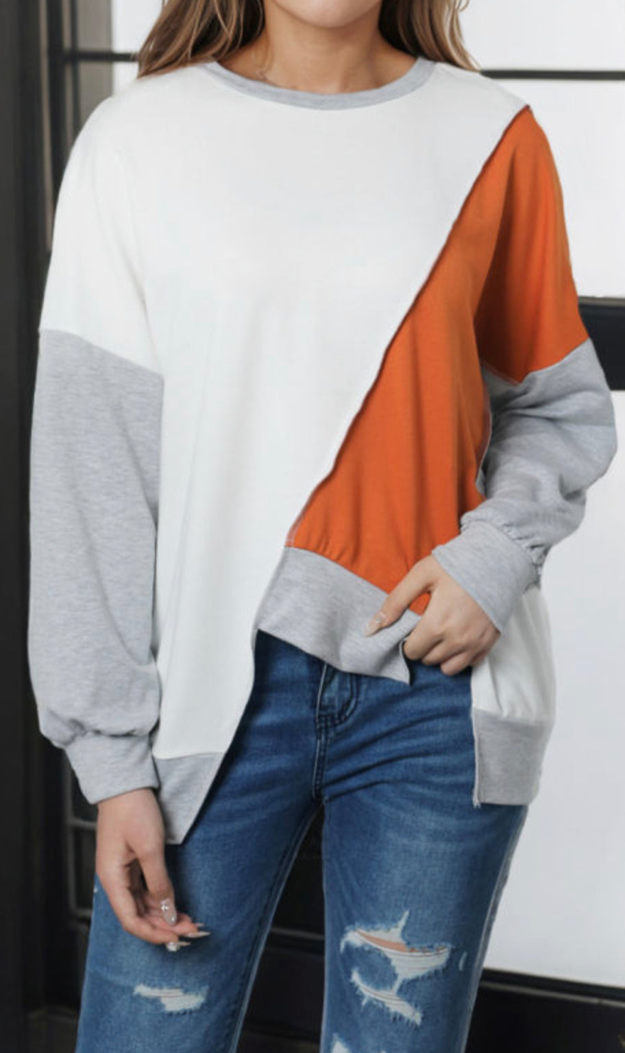 orange/white Colorblock Stitching Irregular Hem Long Sleeve Top