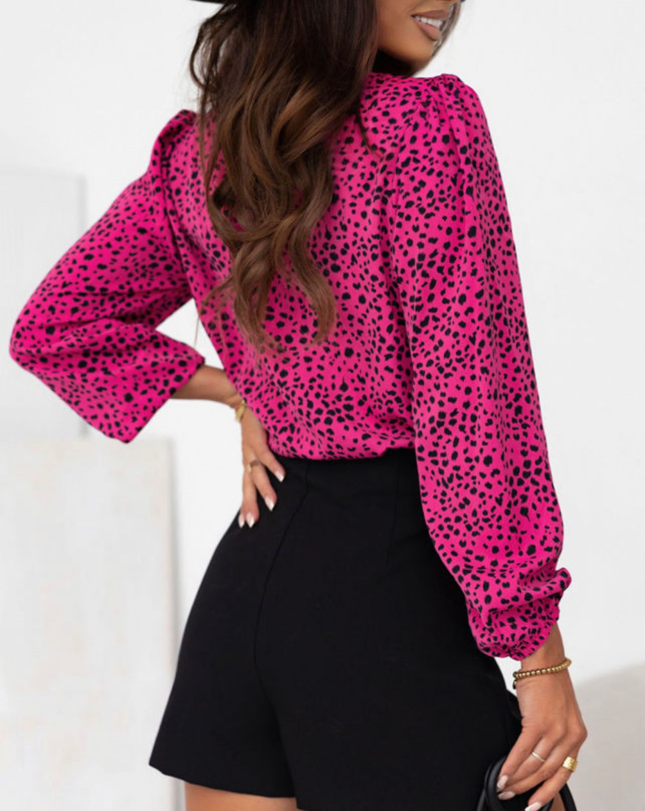 Rose Leopard Print Pleated Blouse with Keyhole