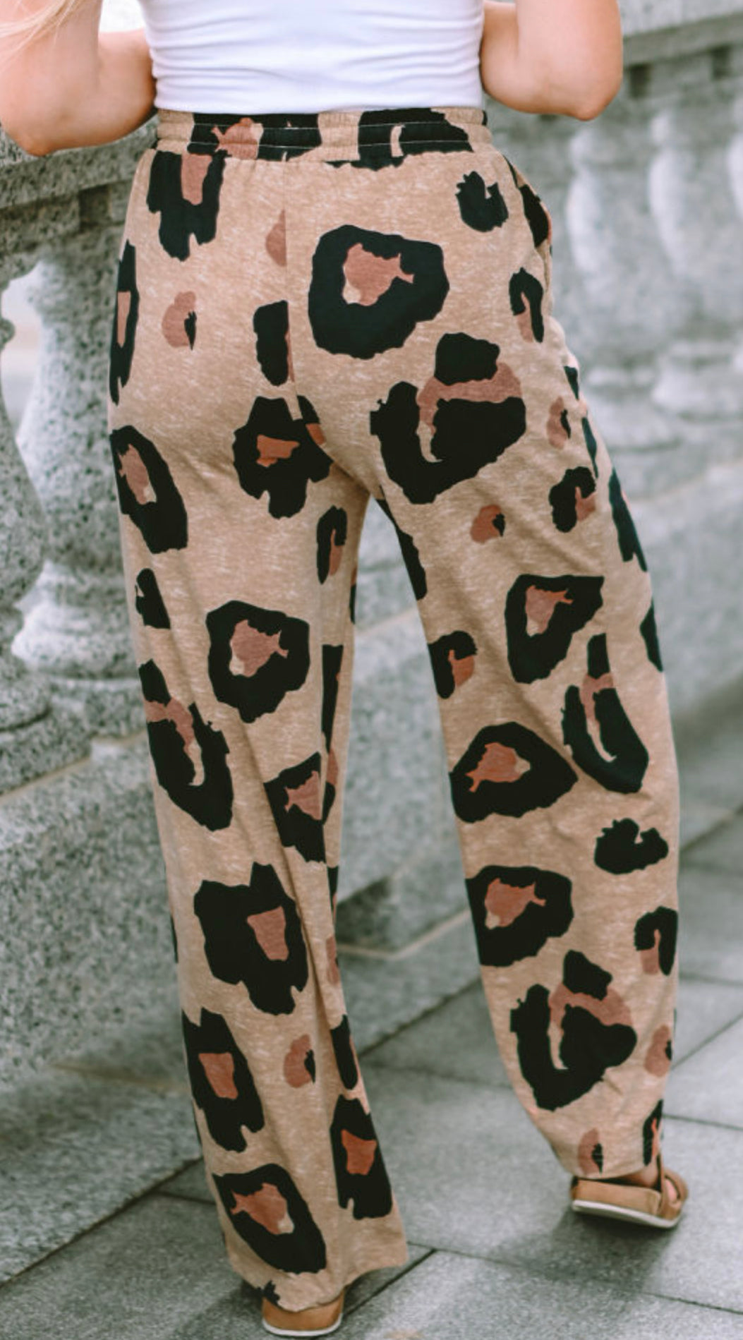 Leopard Drawstring Wide Leg Casual Pants