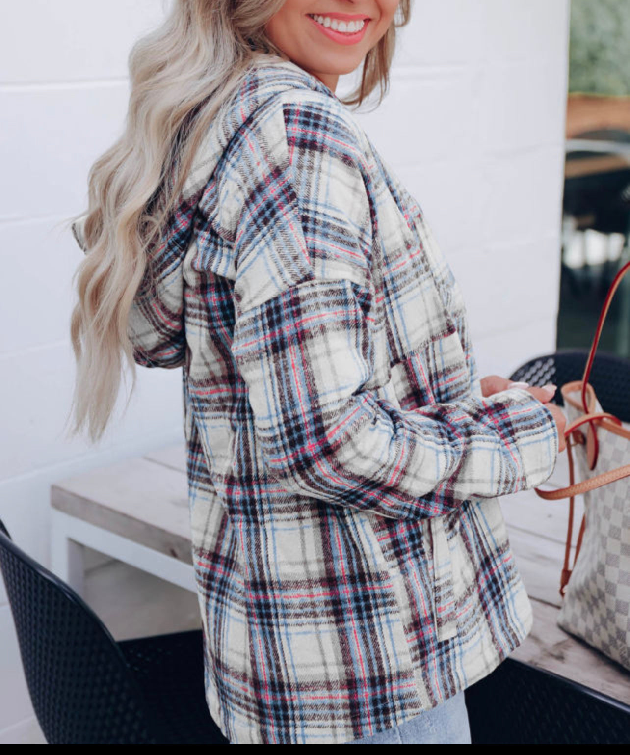 Plaid Button Neck Pocketed Pullover