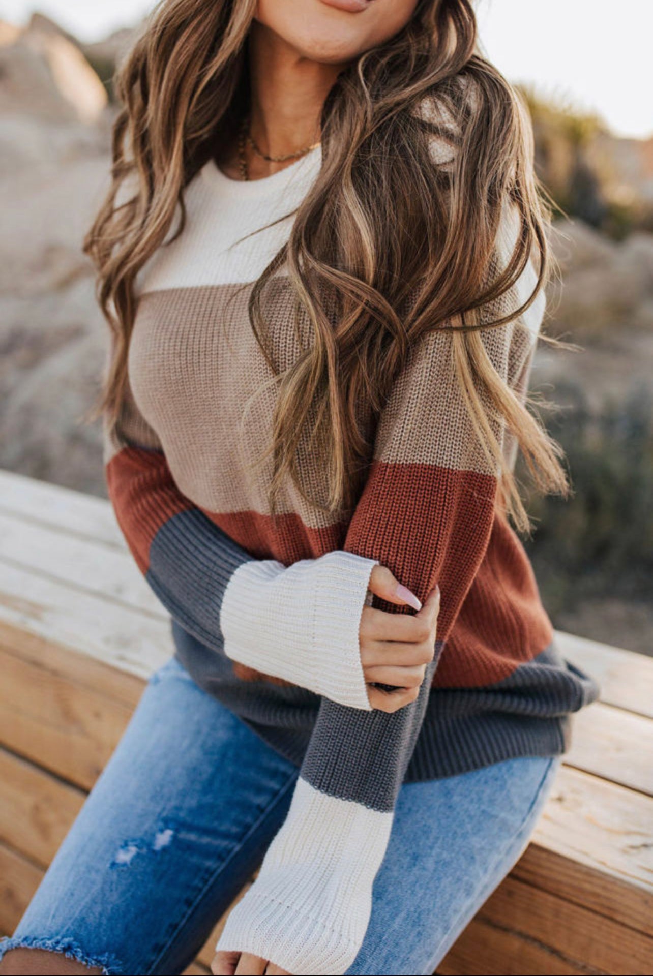 Color Block Knitted O-neck Pullover Sweater