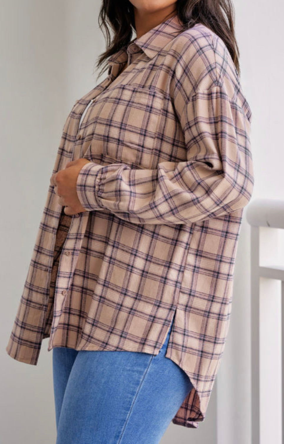 Curvy Pink Plaid Print Buttoned Oversized Tunic Shirt